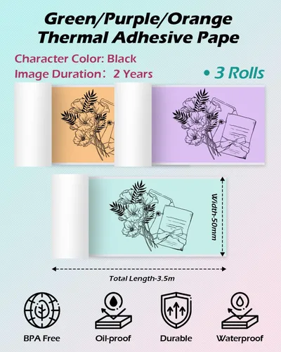Vista 2 de Phomemo Papel adhesivo adhesivo térmico de 1.969 in de ancho, naranja/púrpura/verde Compatible con mini impresora térmica Phomemo T02/M02/M02S/M02