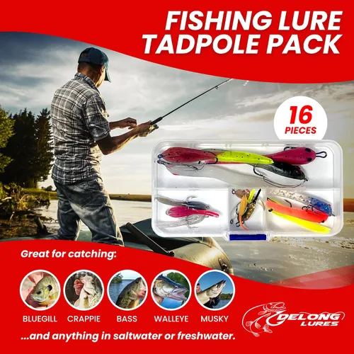 Vista 2 de DELONG LURES Paquete de 16 señuelos de pesca para renacuajo, señuelos preaparejados para lubina, crappie, branquia azul y aparejos de pesca
