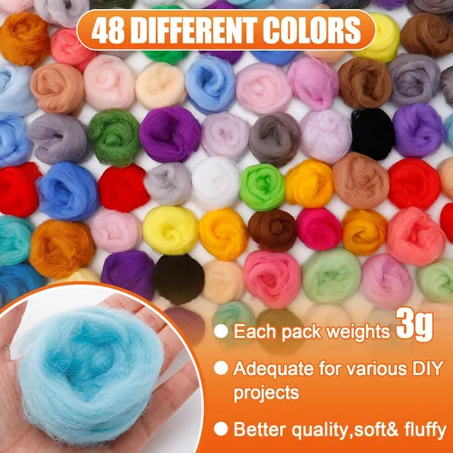 Vista 2 de 96 piezas de lana para fieltro con aguja de 10.4 oz - 48 colores de lana natural para ovillos de fieltro para principiantes, 3 g/paquete