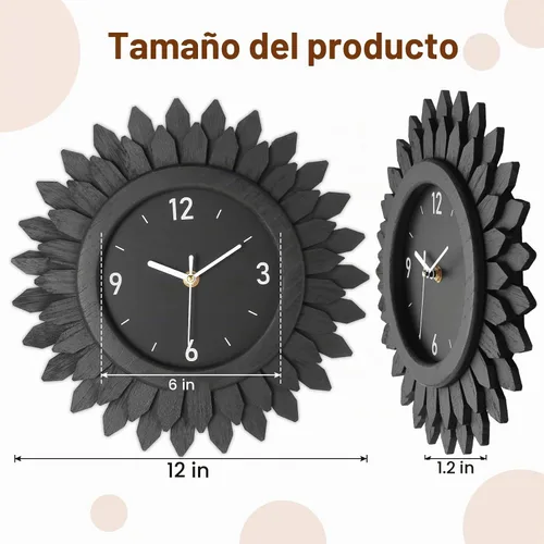 Vista 3 de Honiway Reloj de Pared a Batería de 12 Pulgadas de Madera Rústica Bohemio Sunburst Decorativo Reloj de Pared Silencioso Sin Tictac Negro Relojes