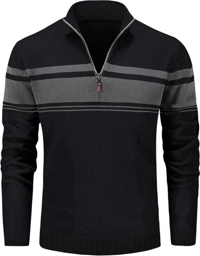 Vista 13 de MAGCOMSEN Suéteres de algodón con cremallera de 1/4 para hombre, suéter tipo polo, a rayas, para otoño e invierno, sudaderas cálidas