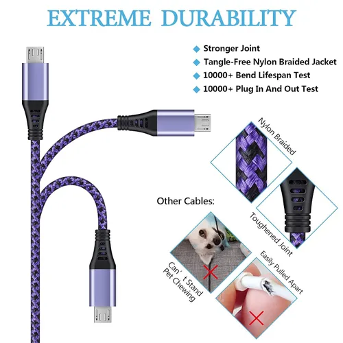 Vista 2 de Cable Micro USB, [4 unidades/3 pies] Cable de carga USB para Android macho a micro B, cable de datos de alta velocidad de carga Nylon trenzado