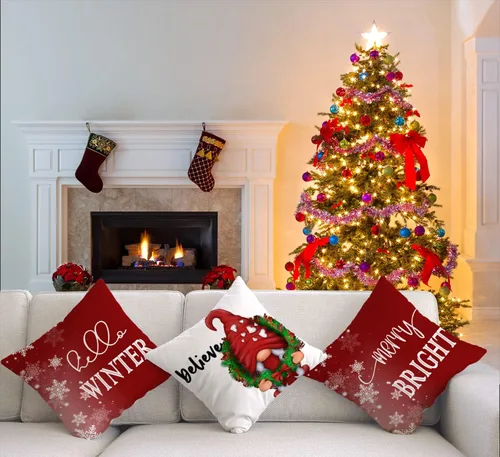 Vista 2 de Artmag Juego de 4 fundas de almohada de Navidad de 16 x 16 pulgadas, decoración de casa de campo Hello Winter Gnomes Merry Bright fundas de almohada