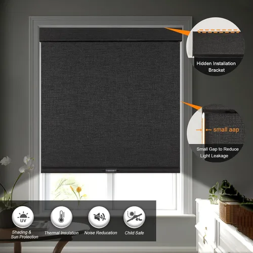 Vista 2 de Persilux - Persianas sin cuerdas Free-Stop para ventanas interiores con cubierta, persianas enrollables opacas, tela con aislamiento térmico y Negro