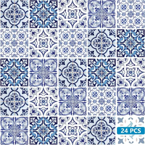 Vista 12 de Juego de 24 calcomanías para azulejos de salpicaduras en muro, azulejos tradicionales de Talavera, calcomanías para azulejos de baño y cocina
