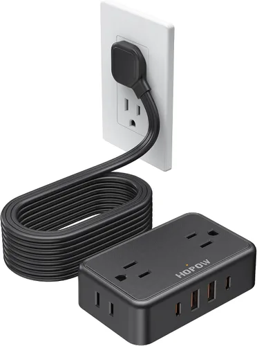 Vista 11 de HOPOW - Cable de extensión de enchufe plano, 4AC y 2A2C, regleta de alimentación de 6 pies para viajes Extension Cord with Multiple Outlets