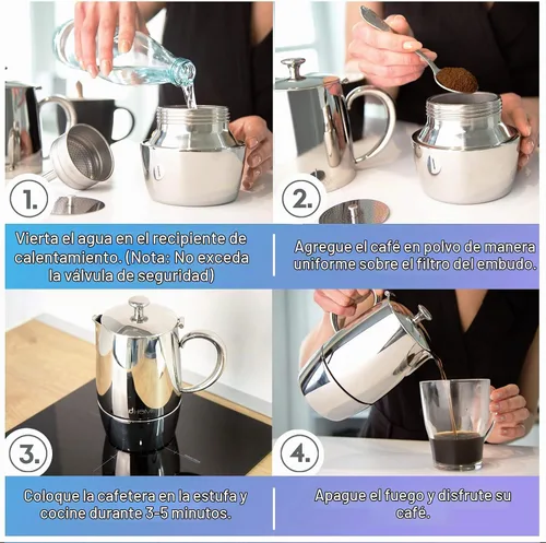 Vista 5 de VeoHome Cafetera espresso para estufa - l olla de inducción de acero inoxidable con múltiples estufas (10.1 fl oz)