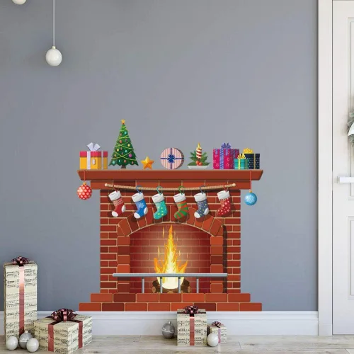Vista 3 de Adhesivos de pared para chimenea de Navidad, calcomanías de pared para chimenea de Navidad, calcomanías de pared autoadhesivas de PVC para ventana