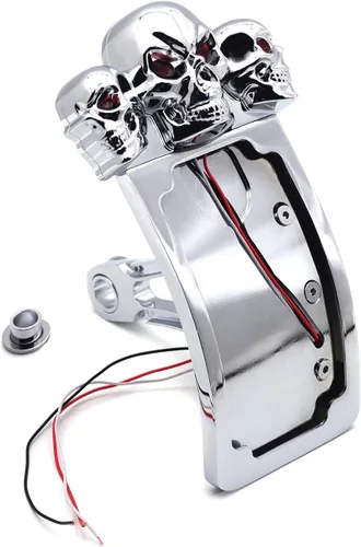 Vista 5 de Soporte de placa de matrícula de montaje lateral de curva cromada con luz trasera LED de calavera 7/8 "1" eje [P/N: USMT301A-S-CD] Cromo