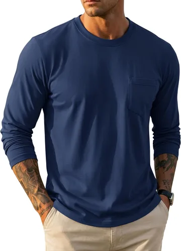 Vista 19 de MAGCOMSEN Camisa de manga larga para hombre con bolsillo, de algodón, cuello redondo, casual, ligera
