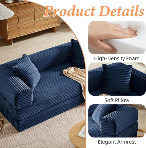 Vista 4 de Sofá cama plegable convertible 4 en 1, sofá cama plegable con marco de forma fija, sofá plegable de pana nube para sala de estar y dormitorio