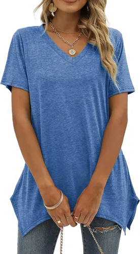 Vista 2 de Alaroo Camisetas básicas de verano para mujer, manga corta, cuello en V, túnica