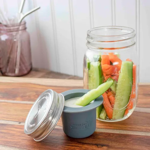 Vista 2 de Mason Jar Lifestyle Taza divisora para ensaladas, salsas y aperitivos. Contenedor de almuerzo Bento sin plástico (gris carbón, boca normal)