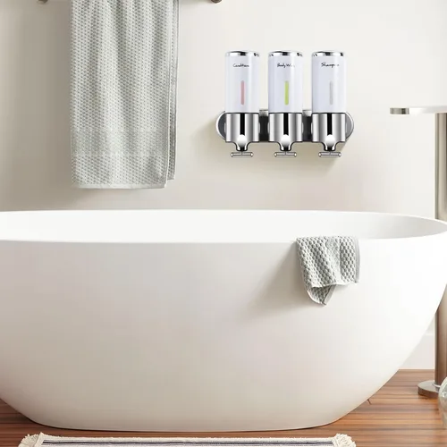Vista 7 de Dispensador de champú y acondicionador, dispensador de jabón de ducha de 3 cámaras, sin taladro, dispensador de champú para ducha, dispensador