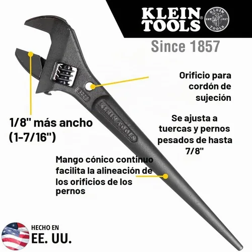 Vista 2 de Klein Tools 3227 Llave Ajustable Extra Ancha, Llave de Construcción Spud para Tuercas y Pernos de hasta 1-7/16 Pulgadas, 10 Pulgadas, con Orificio
