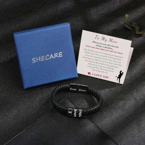 Vista 6 de SheCare Pulseras para hombre, regalos para hombres, pulseras de cuero para regalos del día del padre, pulseras trenzadas negras para hombre, novio