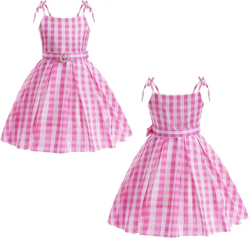 Vista 4 de SHELOVESIT Pink Costume for Girls, Doll Movie Cosplay Outfit, Pink Birthday Dress for Kids Party Dress Up