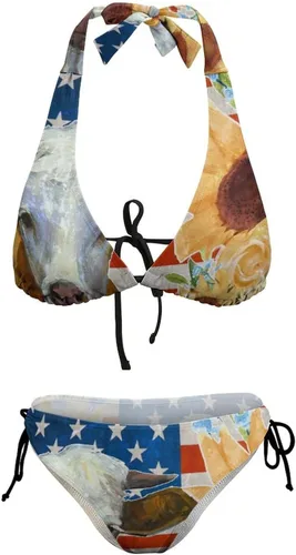 Vista 7 de Bikini Novia Cuello en V Bandera Granja Girasol Traje de baño de dos piezas Sea Ajustable Tie String