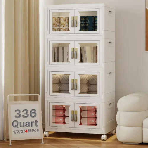 Vista 33 de Contenedor de almacenamiento apilable de 48 cuartos de galón con tapa, ruedas y puerta, organizador plegable de 12 galones para dormitorio, estudio