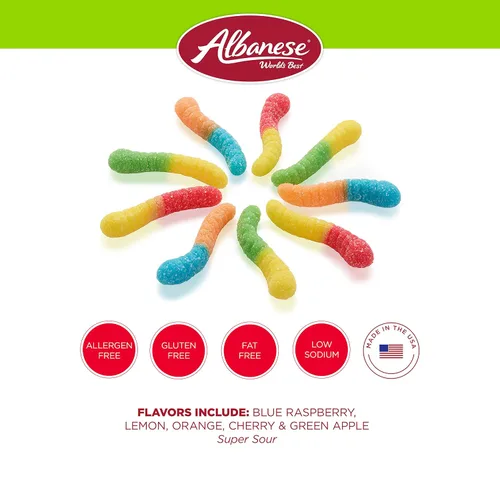 Vista 5 de Albanese -Gusanos de gomita ácidos, pequeños y de neón, 4.5 libras de golosina 5 Super Sour Flavors, Soft & Chewy Gummies, Gluten Free Blue