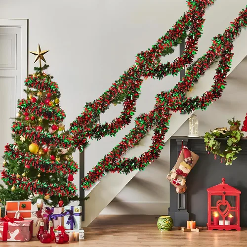 Vista 7 de Guirnalda de Oropel de Navidad de 50 Pies Roja y Verde Metálica Trenzada Decoración Guirnalda Brillante Ornamento Colgante para Árbol de Navidad