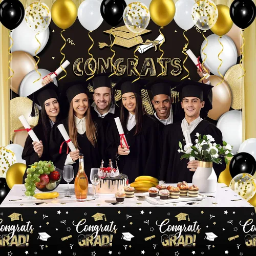 Vista 5 de Breling 53 piezas de decoraciones de graduación 2026 Congrats Grad telón de fondo, mantel de globos de látex de felicitaciones para suministros