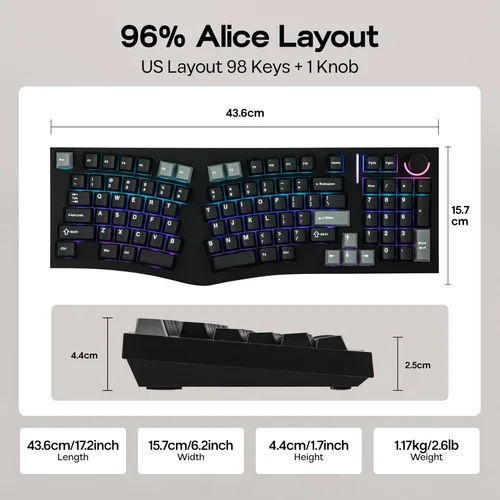Vista 4 de MechLands Feker Alice98 Teclado mecánico ergonómico personalizado de 98 teclas, VIA programable, teclado para juegos con cable USB-C, intercambiable