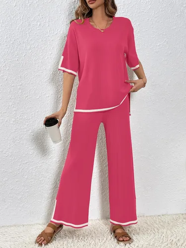 Vista 4 de SuperPrity Conjunto de suéter para mujer de 2 o 3 piezas, de manga cortalarga, suéter de punto, de cintura alta, pantalones de pierna ancha