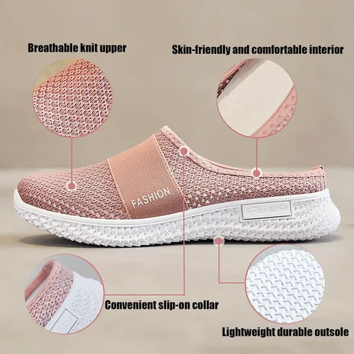 Vista 3 de Pantuflas planas de malla de punto para mujer, tela de malla transpirable sin espalda, antideslizantes, suela suave, cómodas, sin cordones