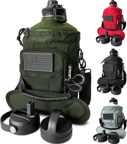 Vista 9 de Botella de agua de 1 galón, botella de agua de metal de acero inoxidable aislada de 128 onzas con soporte, bolsa de transporte, asa de boquilla Negro