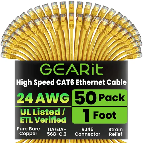Vista 10 de GEARit Paquete de 50 cables Ethernet Cat6 de 0.5 pies Cable de conexión de red RJ45, conectores chapados en oro sin enganches de 10 Gbps, cable