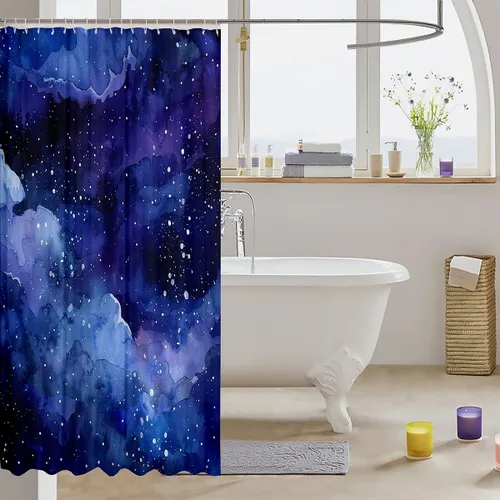 Vista 3 de Cortina de baño con temática del universo cósmico de galaxia, juego de cortina de ducha de cielo nocturno estrellado para niños y adultos, cortina
