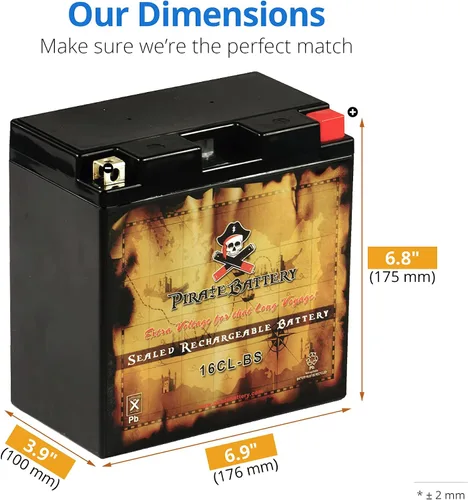 Vista 2 de Pirate Battery YB16CL-B - Batería de repuesto para Yamaha Wave Runner All CC 87-'09, Kawasaki, Polaris y ATV
