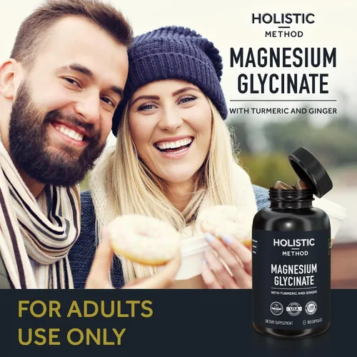 Vista 3 de Cápsulas de glicinato de magnesio con cúrcuma orgánica y jengibre - 180 cápsulas veganas para dormir, relajación, calambres musculares y apoyo