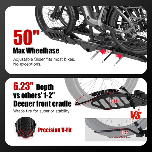 Vista 6 de CyberRack E2 - Portabicicletas eléctricas con rampa para 2 bicicletas, capacidad de 200 libras, soporte de plataforma plegable para automóviles
