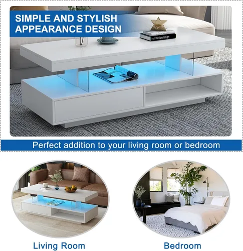 Vista 6 de Mesa de centro LED con almacenamiento, mesas de centro LED de alto brillo para sala de estar, mesa central con estante abierto y cajones Blanco