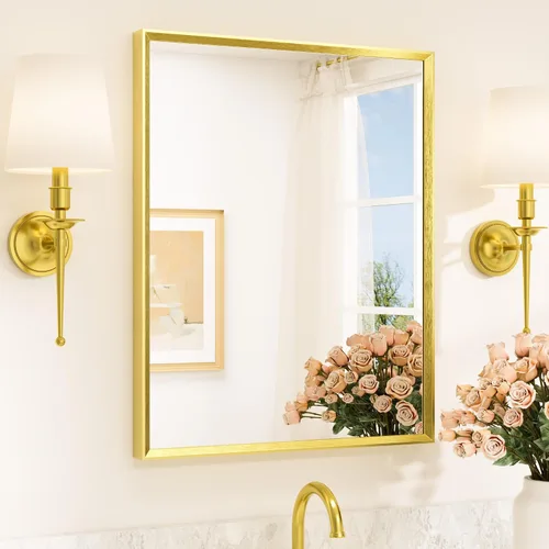 Vista 40 de TETOTE Espejo de baño dorado cepillado de 20" x 30", espejo de tocador de baño rectangular de latón dorado cepillado con marco biselado para sobre