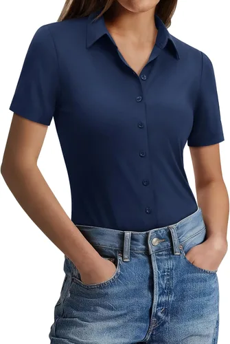 Vista 15 de Gleeivy Camisas con botones para mujer, ajustadas, de manga corta, elásticas, para el trabajo, sin arrugas, blusas de oficina
