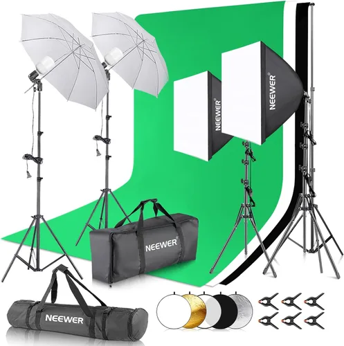 Vista 10 de Sistema de apoyo de fondo Neewer, de 8.5 x 10 pies y equipo de iluminación continua de 800 W, 5500 K, softbox y sombrillas para estudio fotográfico