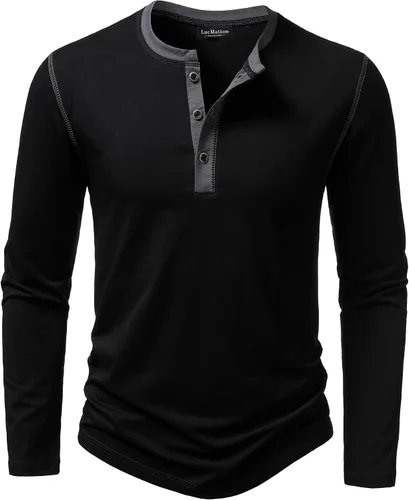 Vista 11 de LucMatton Camiseta de manga larga para hombre, ajuste entallado, elástica, estilo Henley, casual, con solapa de 3 botones