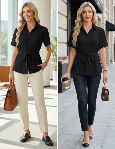 Vista 5 de Blooming Jelly Camisa con botones para mujer, cuello con lazo, manga corta, casual, para negocios, blusa de trabajo a la moda de verano