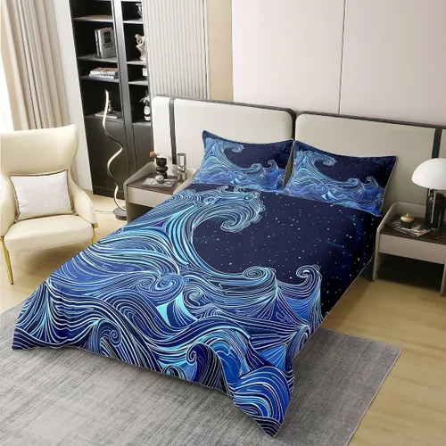 Vista 2 de jejeloiu Juego de funda de edredón de algodón con diseño de olas japonesas, funda de edredón 100% algodón tamaño individual para olas del mar, juego