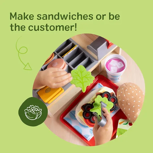 Vista 9 de Melissa & Doug Slice-Stack-Serve, mostrador de sándwiches de madera, tienda de juego de simulación con comida de juguete, dinero de juguete