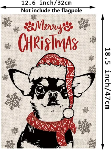 Vista 2 de Sombrero de bandera de jardín de Navidad, perro chihuahua con bufanda, decoración navideña de invierno, vacaciones, arpillera, vertical, doble cara