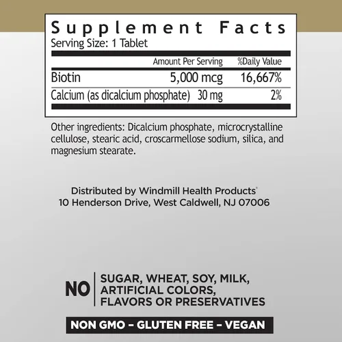 Vista 2 de Windmill Vitaminas naturales biotina de 5000 mcg, apoya la salud del cabello, la piel y las uñas, potenciador del metabolismo, 60 unidades, 60