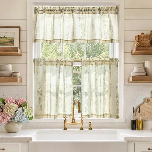 Vista 24 de Jinchan - Juego de cortinas y cenefas de cocina estilo bohemio negro sobre beige y bolsillo para barra Boho Negro sobre Beige