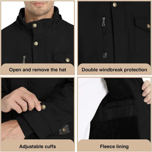 Vista 5 de Chaqueta de invierno para hombre, chaqueta militar, chaqueta tipo cargo con forro polar, chaqueta cálida con capucha desmontable, chaqueta