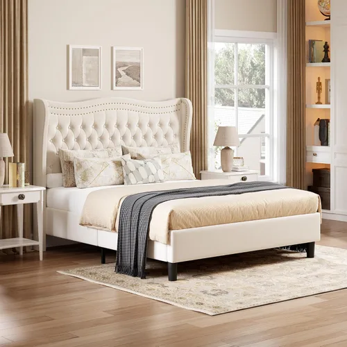 Vista 14 de Marco de Cama Full con Cabecera y Pie de Cama Altos, Marco de Cama Plataforma Tapizada en Terciopelo con Acolchado de Botones Profundos Tipo Beige