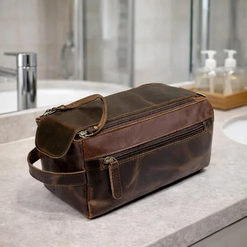 Vista 9 de Bolsa de aseo unisex de cuero de búfalo genuino, hecha con cuero de búfalo de alta calidad Marrón