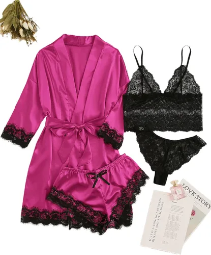 Vista 5 de WDIRARA - Conjunto de pijama de satén de seda para mujer, lencería de encaje floral, ropa de dormir con bata, 4piezas
